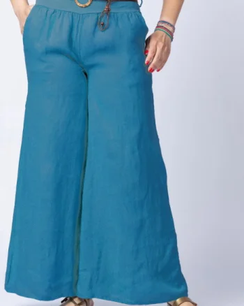 Fusta pantalon turcoaz inchis casual, din in, cu o curea fancy