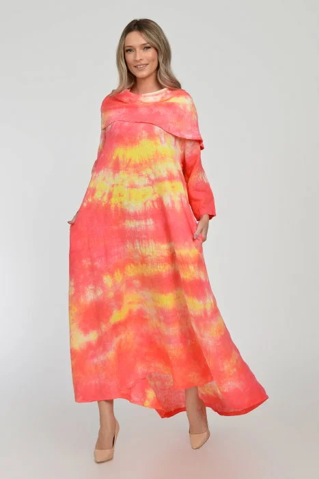 Rochie maxi,  A-line, din in, cu guler amplu, cu imprimeu boem tie-dye corai