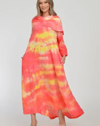Rochie maxi,  A-line, din in, cu guler amplu, cu imprimeu boem tie-dye corai