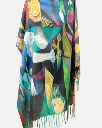 Esarfa cashmere cu fir de lurex, doua fete imprimata cu reproduceri supraealiste dupa Picasso