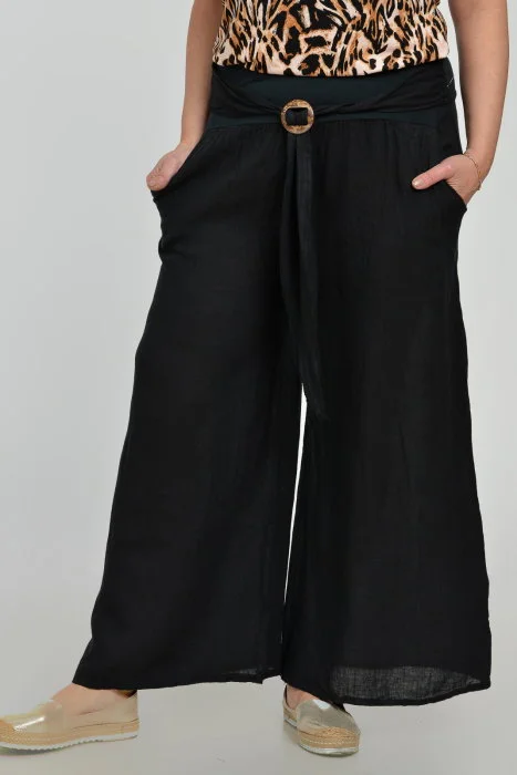 Pantaloni drepi, largi, de vara, din in, cu accesoriu de lemn, negri