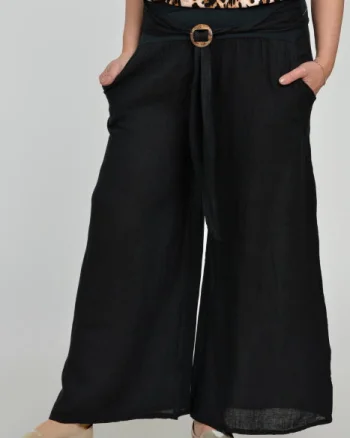 Pantaloni drepi, largi, de vara, din in, cu accesoriu de lemn, negri