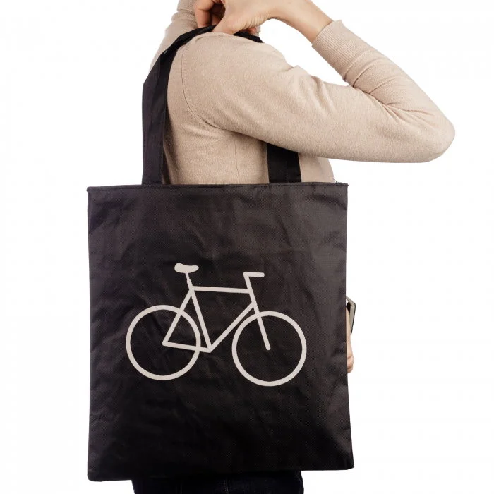 Geanta shopper neagra din material textil, cu imprimeu grafic bicicleta