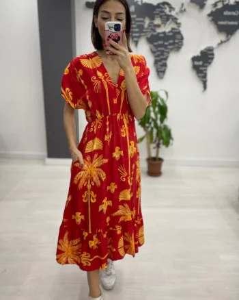 Rochie midi din bumbac, cu elastic in talie si imprimeu galben pe fond bordo