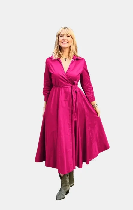 Rochie clos, petrecuta, din poplin de bumbac, fucsia