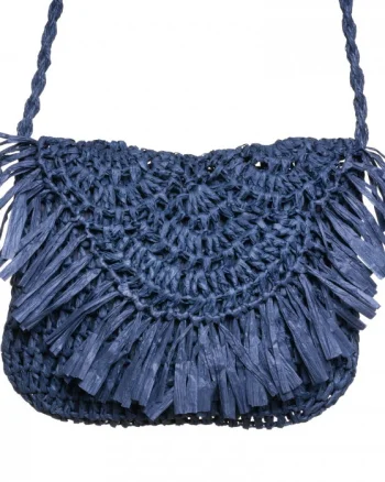 Geanta crossbody mica impletita cu franjuri decorativi pe capac, bleumarin