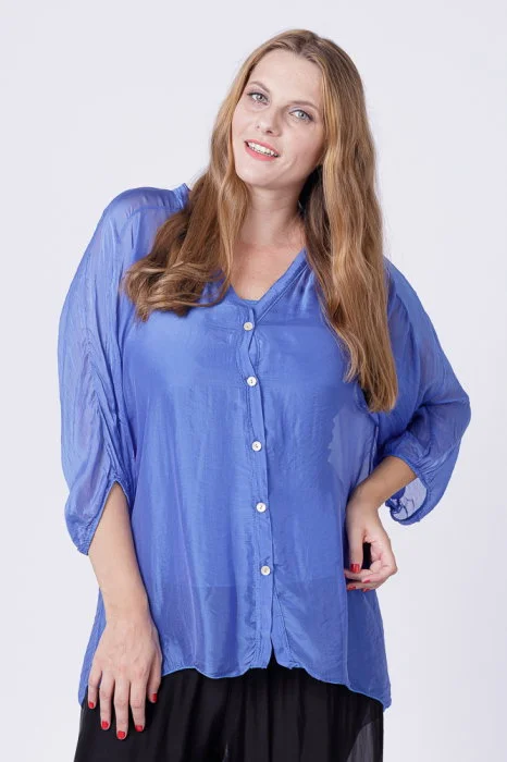 Bluza tip camasa din matase si vascoza albastru electric, cu elastic la maneci si dublura