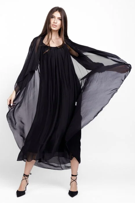 Compleu cu rochie si blazer din matase si vascoza, negru