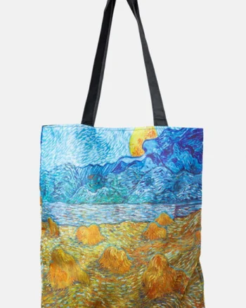 Geanta shopper din material textil, cu imprimeu inspirat dintr-o pictura cu lanuri muncite a lui Van Gogh