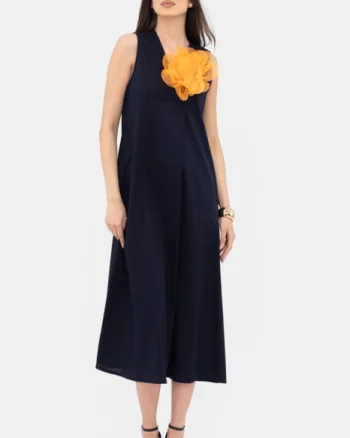 Rochie lunga A-line cu decolteu in V, din poplin de bumbac, bleumarin