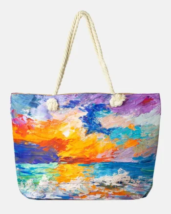 Geanta de plaja din material textil, cu imprimeu dupa o pictura pastel cu tuse de culoare