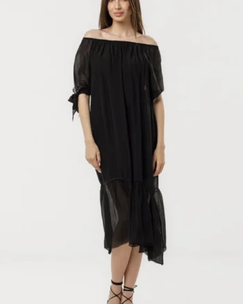 Rochie din matase si vascoza cu detalii feminine si croiala lejera, neagra