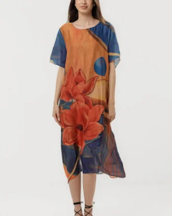 Rochie eleganta satinata A-line cu croiala lejera si imprimeu floral in tonuri de oranj-albastru-rosu