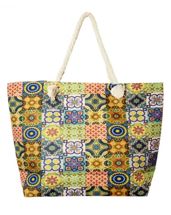 Geanta de plaja din material textil, cu imprimeu model marocan in culori vibrante