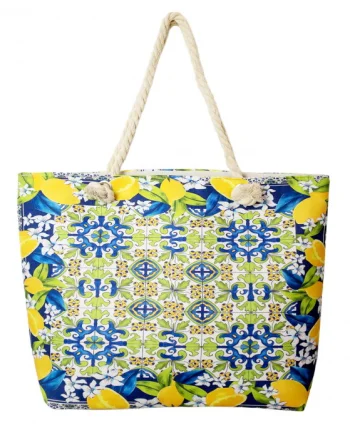 Geanta de plaja din material textil, cu model mediteranean cu lamai pe alb, verde si albastru