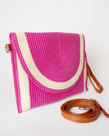Geanta plic impletita crossbody, cu bareta de umar si de mana, fucsia cu bej