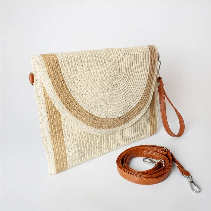 Geanta plic impletita crossbody, cu bareta de umar si de mana, bej deschis cu bej inchis