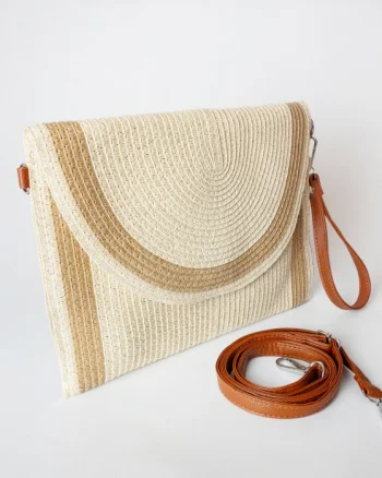 Geanta plic impletita crossbody, cu bareta de umar si de mana, bej deschis cu bej inchis