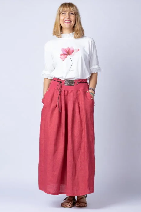 Fusta lunga casual, roz inchis, din in, cu o curea fancy