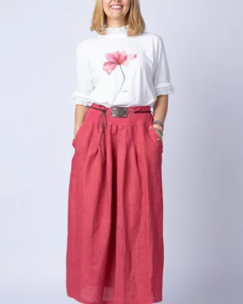 Fusta lunga casual, roz inchis, din in, cu o curea fancy