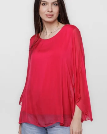 Bluza din matase si vascoza cu maneca clopot, fucsia inchis