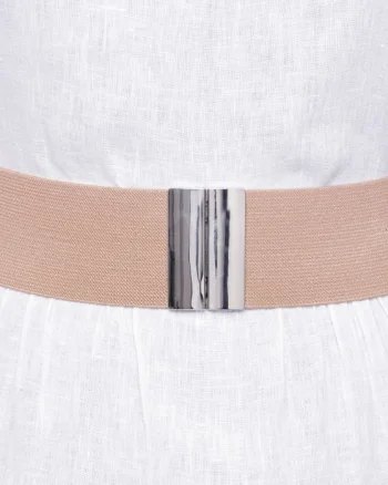 Curea bej 6 cm latime din material elastic, cu catarama argintie