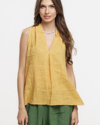 Bluza fara maneci din in cu decolteu si guler inalt, galben turmeric