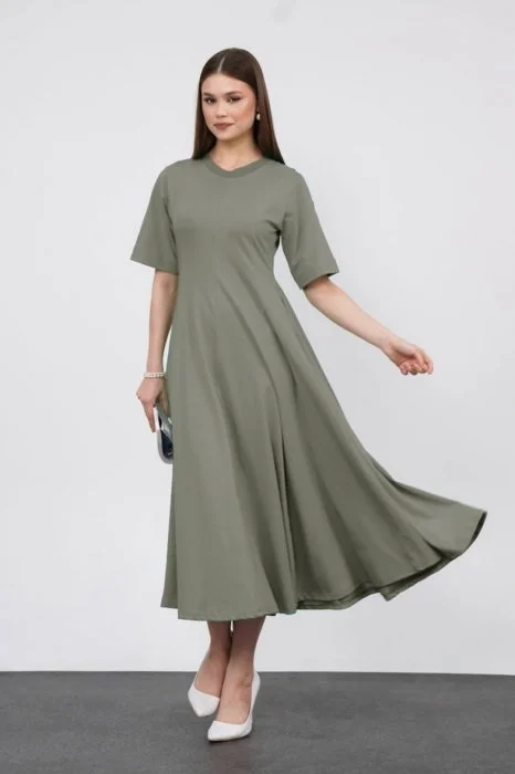 Rochie ampla, lunga clos, din jerseu de bumbac, kaki