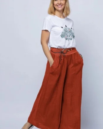 Fusta pantalon caramizie, casual, din in, cu o curea fancy