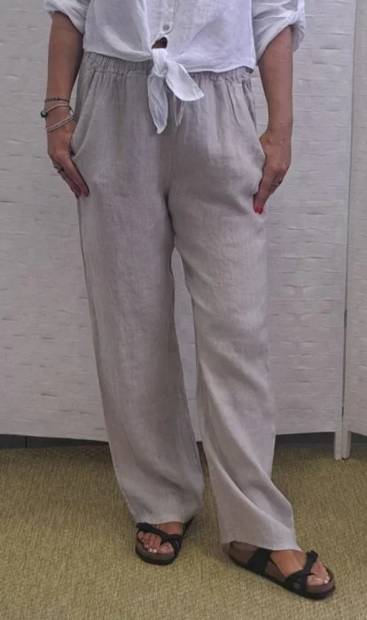 Pantaloni de vara, drepti, din in, cu siret in talie, bej