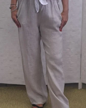 Pantaloni de vara, drepti, din in, cu siret in talie, bej