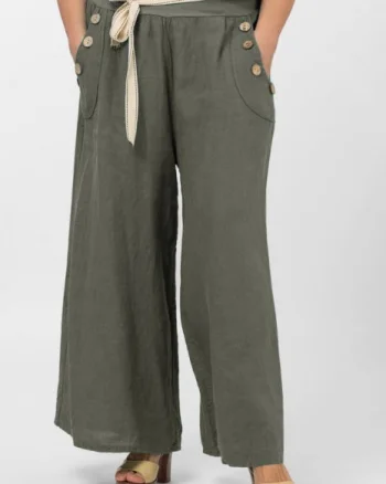 Pantaloni largi de vara, din in, cu nasturi din lemn la buzunare, kaki