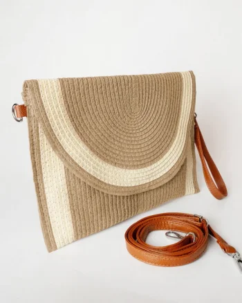 Geanta plic impletita crossbody, cu bareta de umar si de mana, camel cu bej deschis