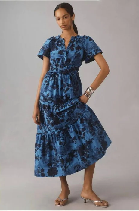 Rochie din poplin de bumbac, cu elastic in talie si volane, albastru cu bleumarin
