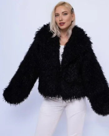 Haina scurta tip shaggy din blanita ecologica neagra, super pufoasa