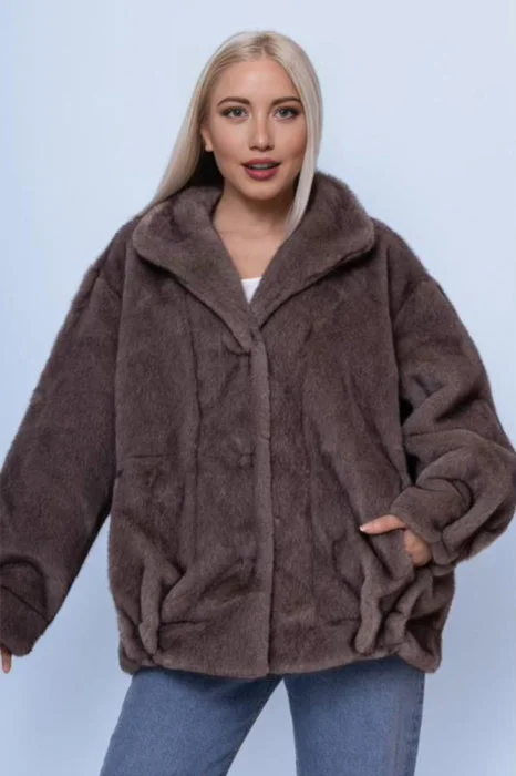 Geaca oversize din blanita artificiala, bej inchis