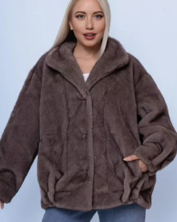 Geaca oversize din blanita artificiala, bej inchis