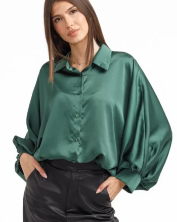 Camasa eleganta din satin, cu maneci bufante, verde forest