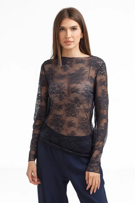 Bluza dama din dantela eleganta ,   bluza transparenta chic bleumarin
