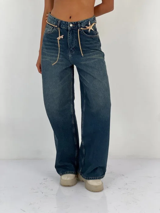 Pantaloni jeans denim croiala larga, albastru