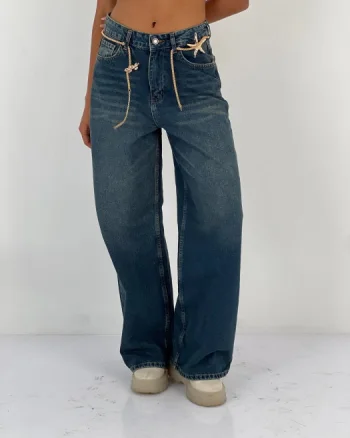 Pantaloni jeans denim croiala larga, albastru