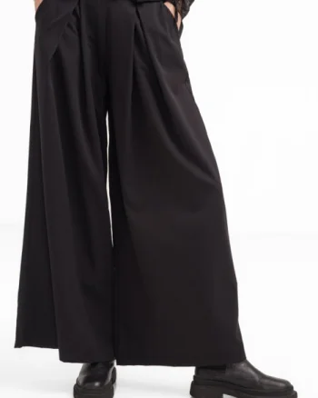 Pantaloni dama negri din stofa fina, palazzo, eleganti, cu talie inalta si curea