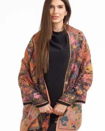 Esarfa din lana si bumbac cu imprimeu floral cu mov, galben si negru