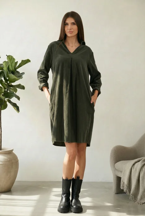 Rochie scurta tip camasa din catifea reiata verde, kaki
