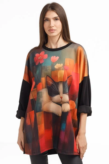 Bluza tunica oversized neagra cu pisica somnoroasa, din vascoza