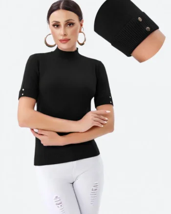 Helanca pulover cu maneca scurta, nasturei metalici si guler scurt,