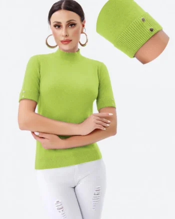 Helanca pulover cu maneca scurta, nasturei metalici si guler scurt, verde oliv