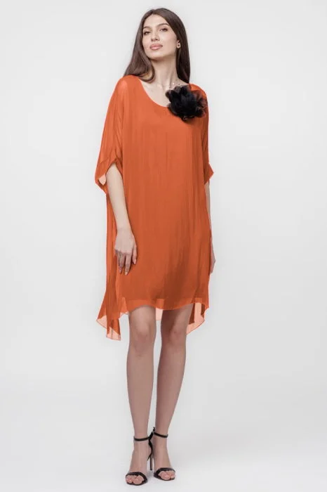 Rochie midi, dreapta, din matase si vascoza, cu funda pe spate, caramizie