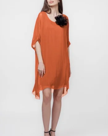 Rochie midi, dreapta, din matase si vascoza, cu funda pe spate, caramizie