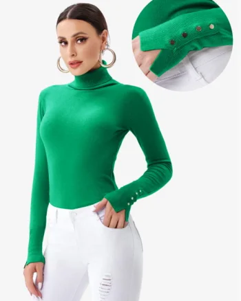 Helanca pulover cu guler inalt si nasturei pe maneca, verde smarald